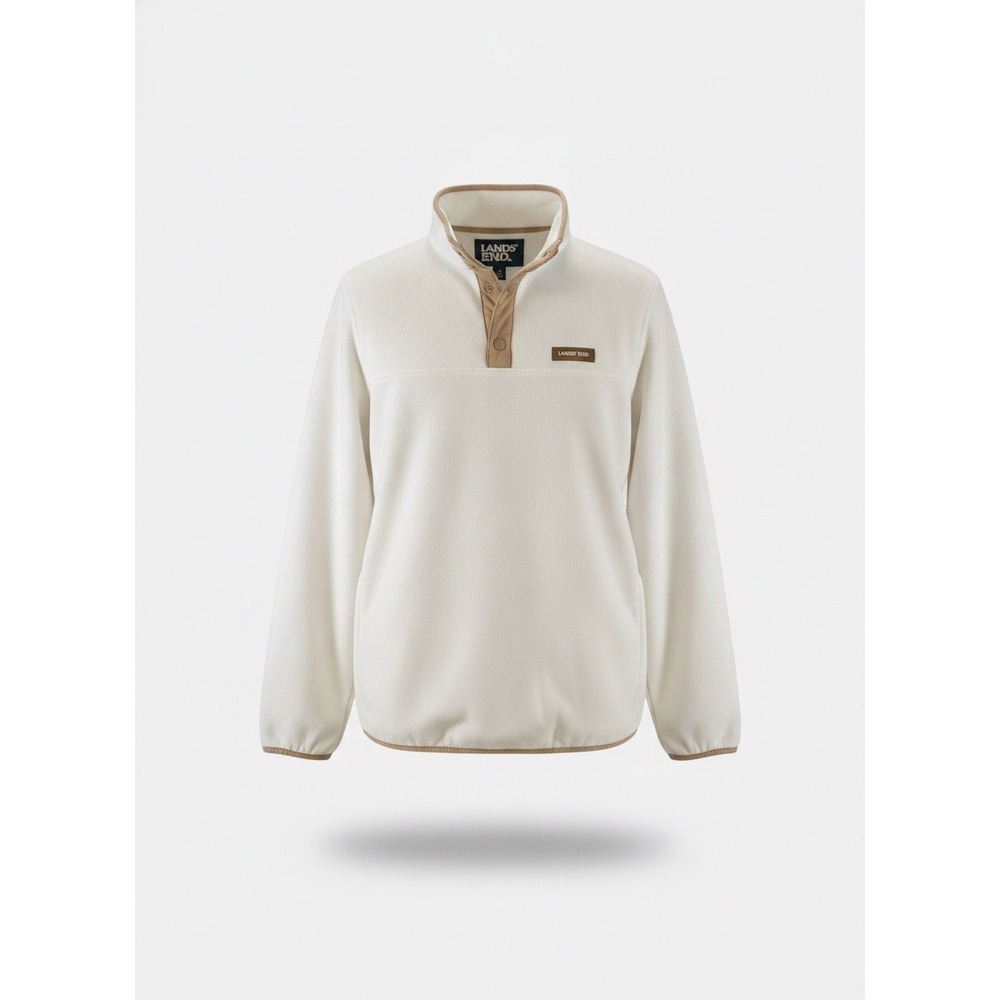 Lands End Mens Heritage Fleece Snap Neck Pullover Ivory Cream Tan Trim Medium